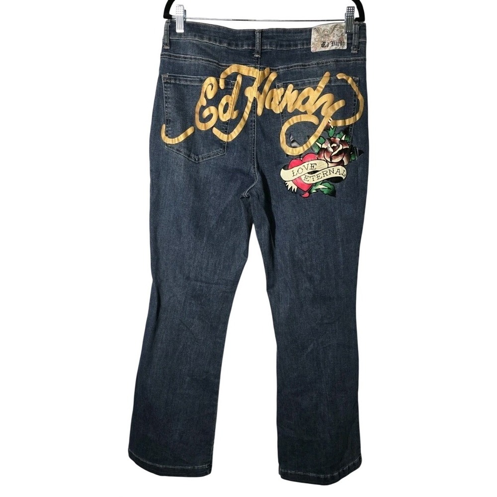 Ed Hardy Jeans Womens 34 Medium Flare Tattoo Graphic Love Eternal‎ Blue Denim